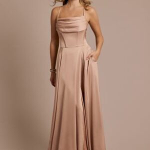 David’s Bridal A-Line Gown with Matte Satin Cowl Neck and Spaghetti Straps