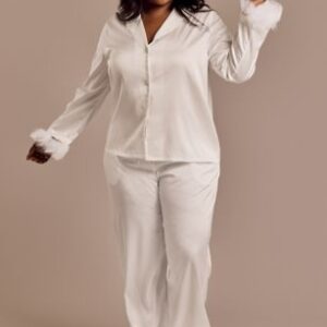 David’s Bridal White Satin Feather Pajama Set